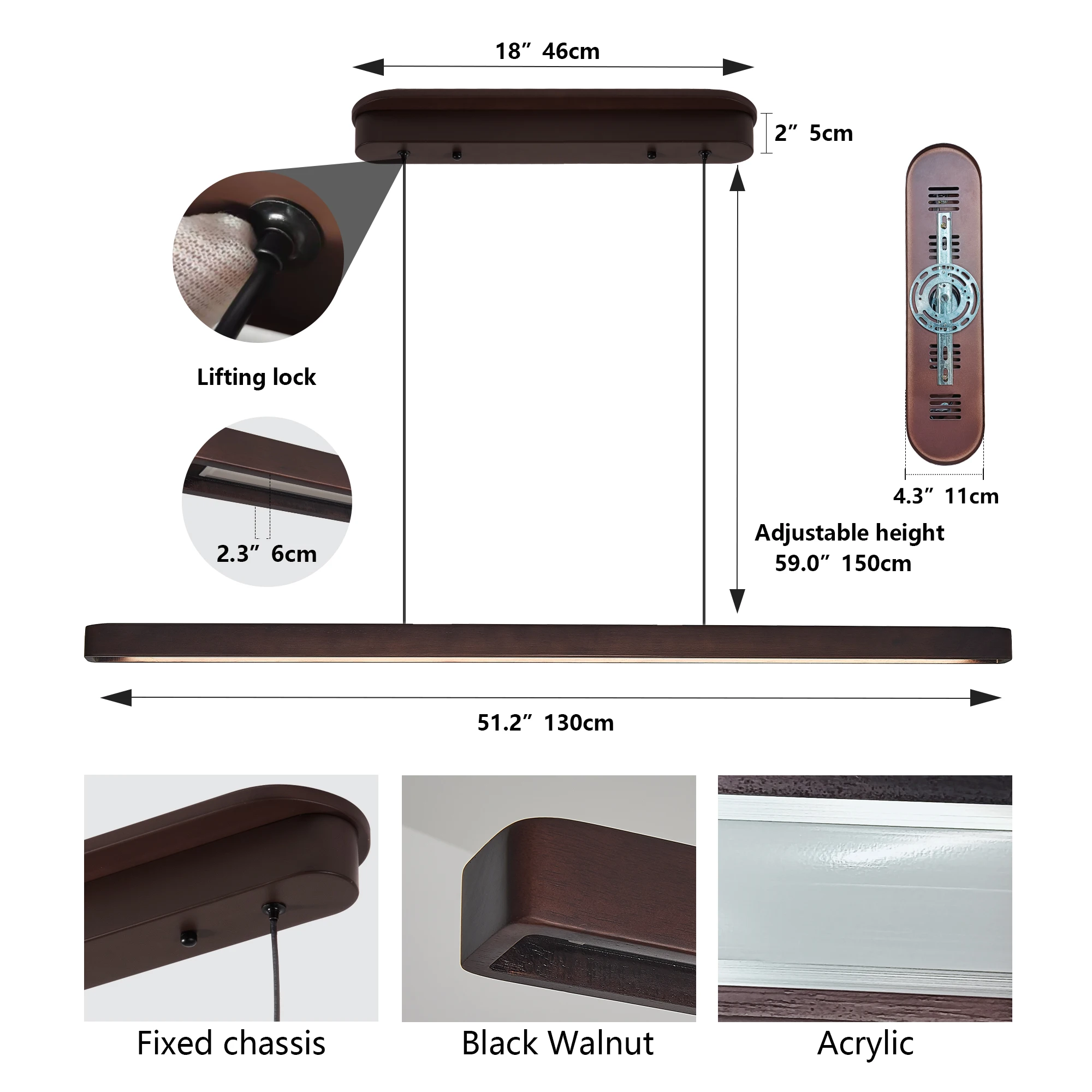 Arlgsite Minimalist 51" Wood Linear Pendant Light Fixture Led Dimmable Ceiling Pendant Hanging Light Adjustable Billiard Pool