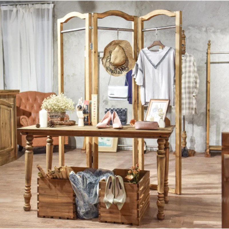 

Shelf wooden decoration display props wrought iron solid wood clothing store display rack retro