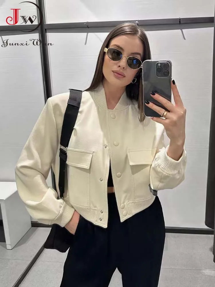 

Solid Long Sleeve Bomber Jacket Women Fashion Casual Coats With Pockets Streetwear 2023 Female Elegant Vintage Outerwear