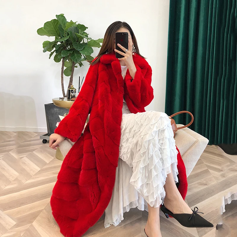 Ftangaiur 新冬輸入ベルベットミンクファーコート 長袖 レディース ターンダウンカラー 無地 エクストラロング 天然ミンクファーコート