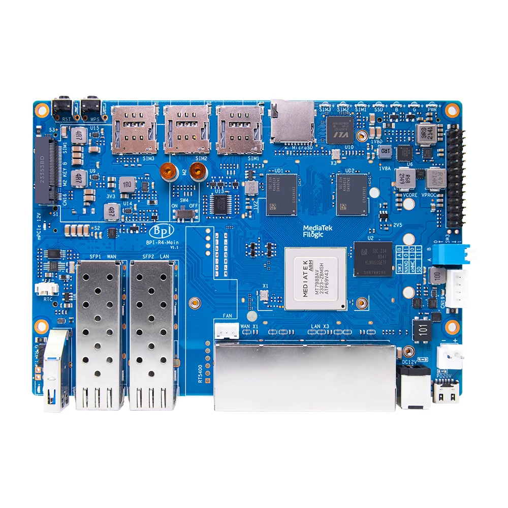 Imagem -03 - Banana pi Bpi-r4 Wifi Router Board Mediatek Mt7988a Filogic 880 4-core Arm Corex-a73 Módulo Ipa Nic Porta de Rede 4x Gbe