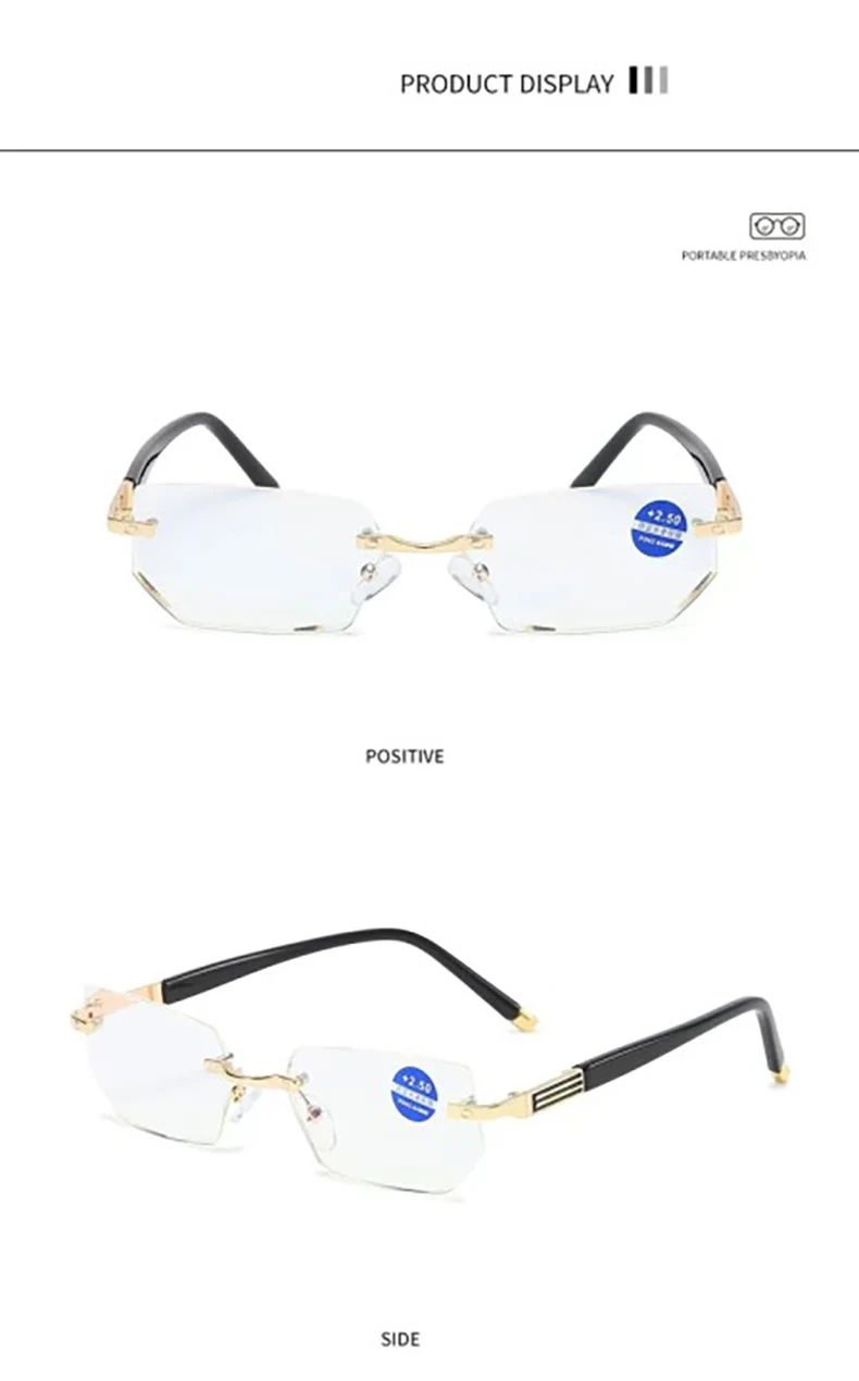 Anti Blau Lesebrille Diamant Schneiden Randlose Brillen Männer Anti Müdigkeit Hyperopie Presbyopie Brille +1,5 – Detail 5
