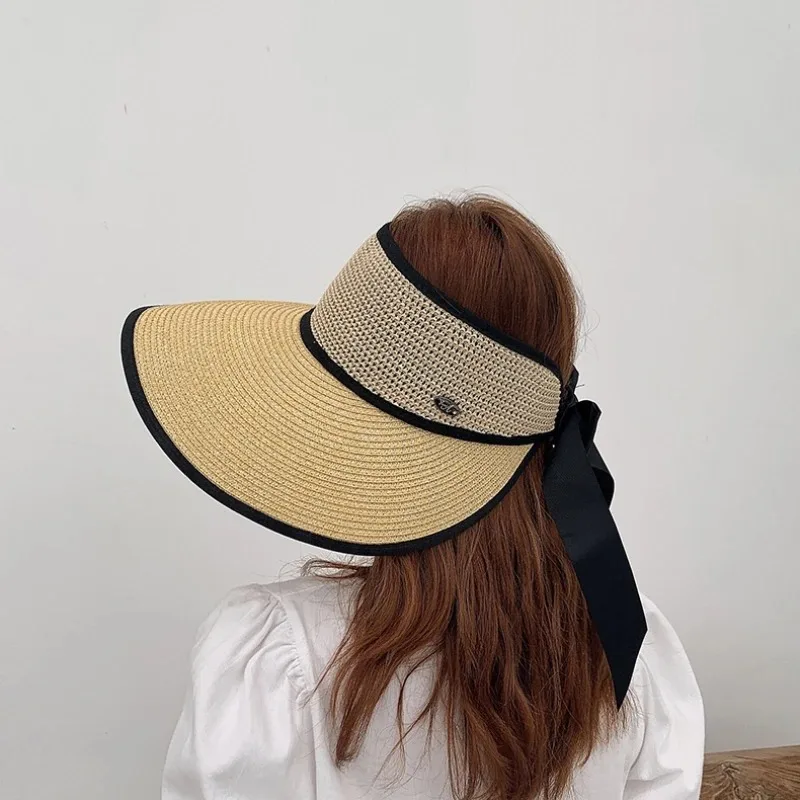 New Summer Straw Hats For Women Beach Hat Sun Empty Top Female Sun UV Protection Big Brim Hat Foldable Bowknot Cap