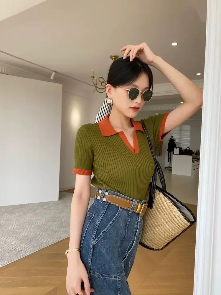 여성 슬림 빈티지 폴로 칼라 티셔츠 반팔 우아한 블라우스 부드럽고 통기성 좋은 여름 패션 탑 2025 여성 티셔츠