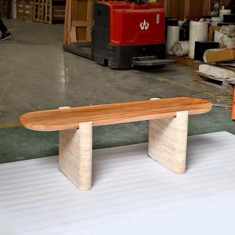Customized Modern Solid Wood Dining Table Oak Top Long Low Stone Travertine for Living Room Entry Warehouse Dining Furniture