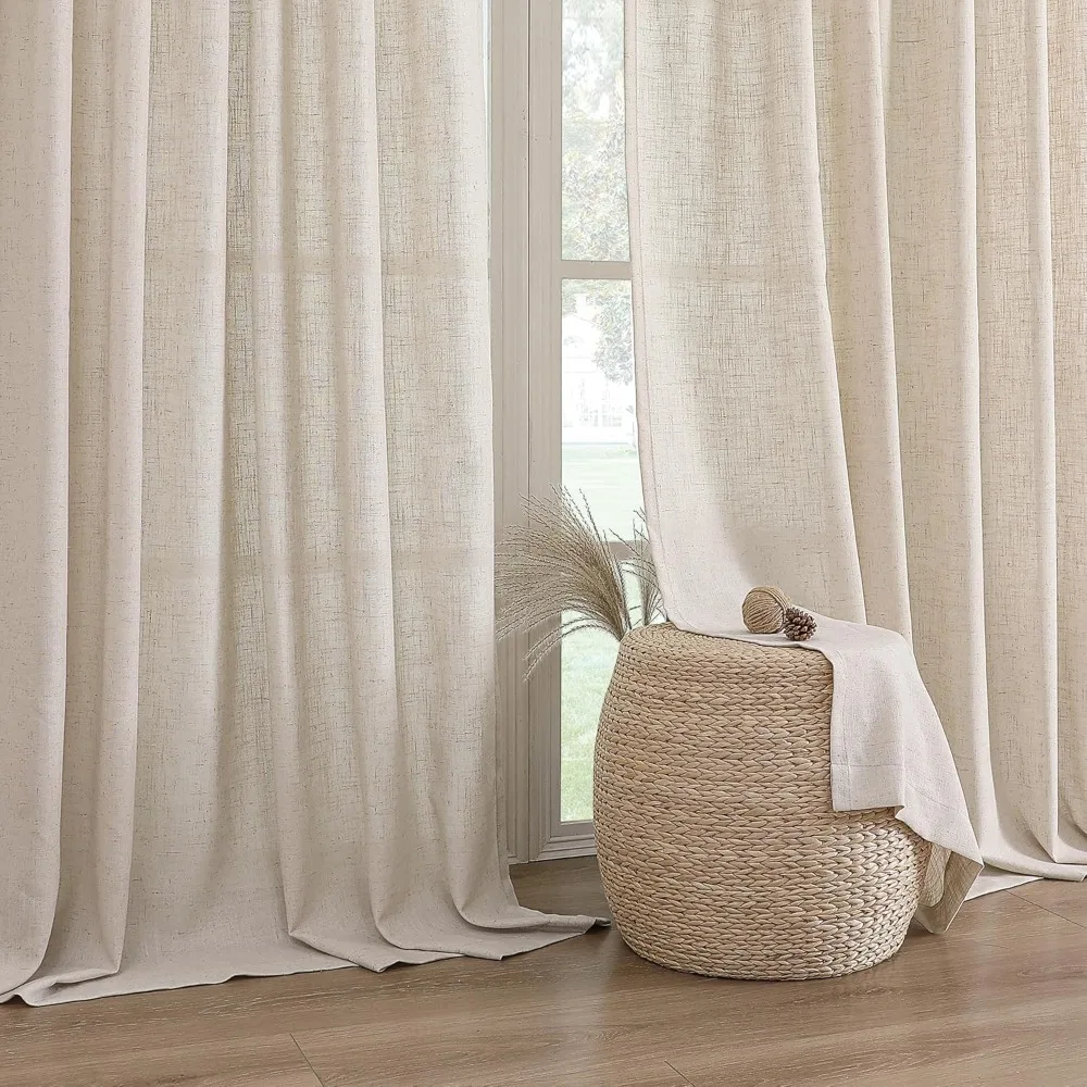 Linen Curtains 84 Inches for Living Room - 2 Panel Set, Neutral Modern Farmhouse Style, Light Filtering Privacy