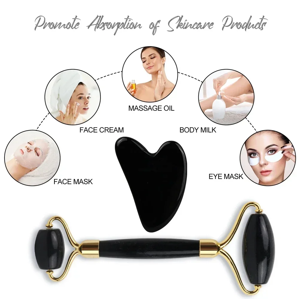 Facial Beauty Massage Roller Body Obsidian Gua Sha Love Heart-Shaped Double-Headed Natural Jade Relaxing Slimming Face Portable