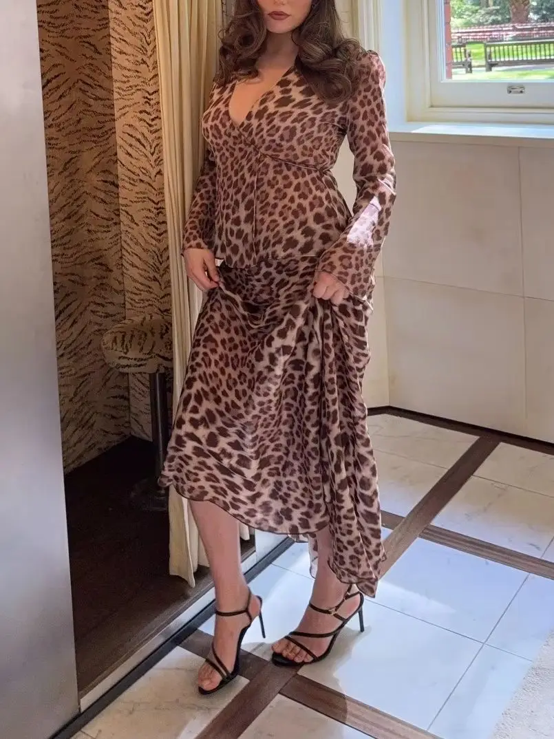 

Women Leopard Print Silk Set Lace-up V-Neck Long Sleeve Top + Asymmetric Hem High Waist Maxi Skirt Elegant Ladies Suit