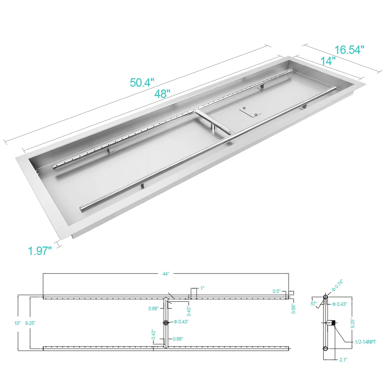 طقم مقلاة حفرة النار المستطيلة مقاس 48 × 14 بوصة، طقم مقلاة حفرة النار مع موقد على شكل حرف H، طقم إشعال شرارة ومجموعة خرطوم للداخل