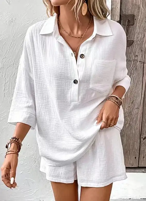 

2026 Summer New Women's Fashion Casual Shirt Flip Collar Top and Shorts Two Piece Set Women's Wear