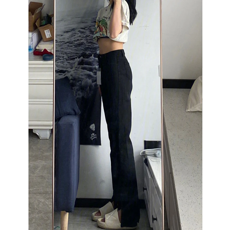 กางเกงยีนส์ทรงตรงเอวสูงสำหรับผู้หญิง ฤดูใบไม้ผลิ ทรงสลิม ชิค กางเกงขายาวแฟชั่น ไซส์พลัส