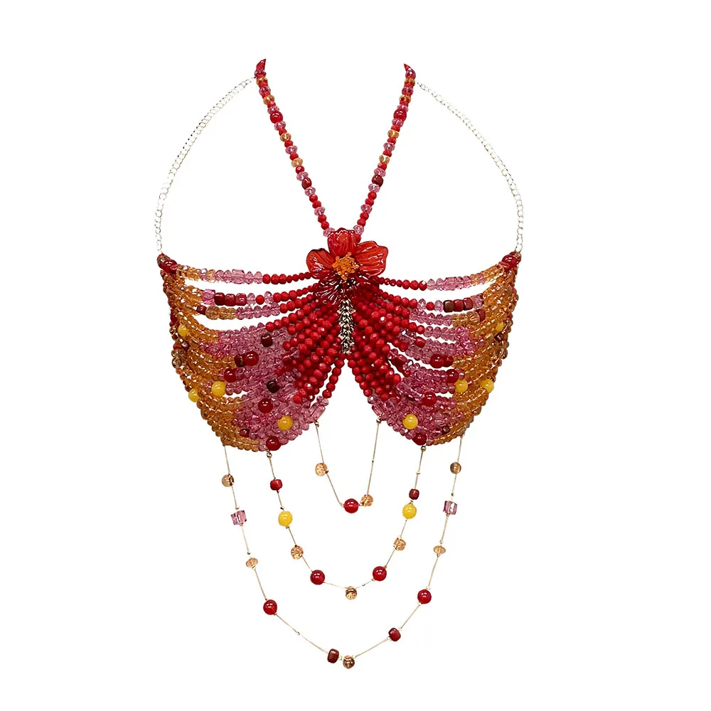 

YOUR BUMP CURVE Handmade bra colored acrylic with colored crystal halter neck hollow tassel top woman island travel shooting