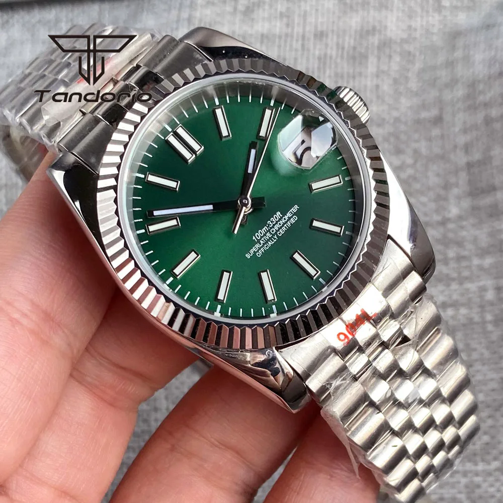 Tandorio 36mm/39mm Classic NH35A Automatic Watch for Men Green Sunburst Dial Fluted Bezel Date Sapphire Glass Screw Crown