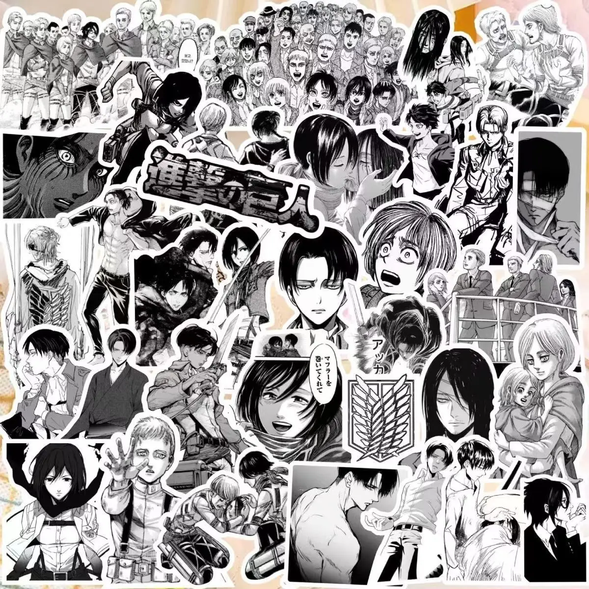 60pcs Attack on Titan Black and White Stickers Mikasa Allen Levi Stickers Notebooks Pinup Picture Decoration For Kids Toy