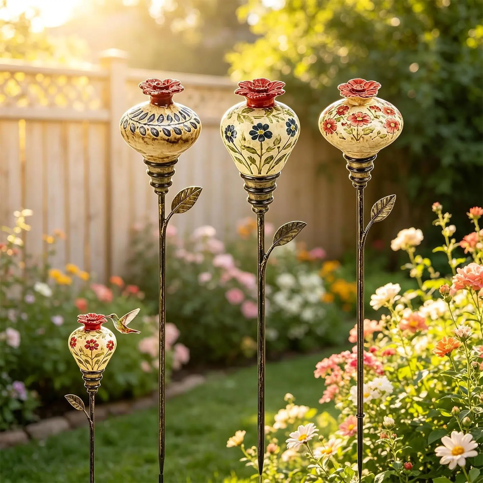 Iron Stake Floral Ceramic Hummingbird Feeder Rustic Nectar Feeder for Garden Patio Lawn Backyard Outdoor Bird Bath Decor