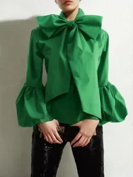 Modigirl Hemd mit Schleife und hohem Kragen für Damen, 2024, neue Laternenärmel, einfarbig, grüne Bluse, urbane Damenmode, Pendler-Top