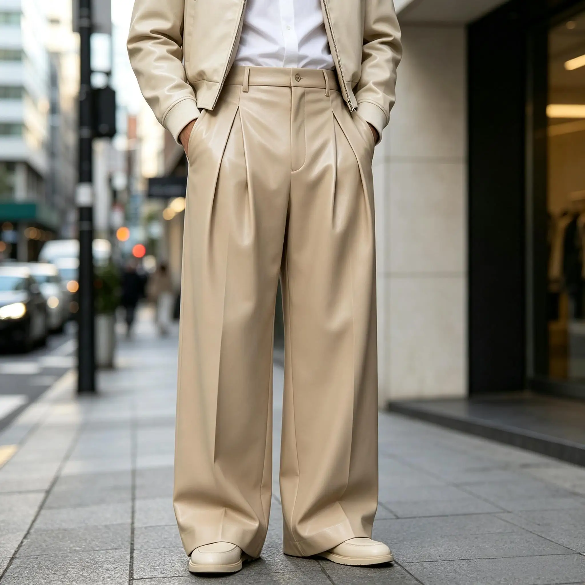 Men High Waist Pleated PU Leather Straight Leg Pants Smart Casual Commute Dating Wedding Party Business Daily Street Trousers