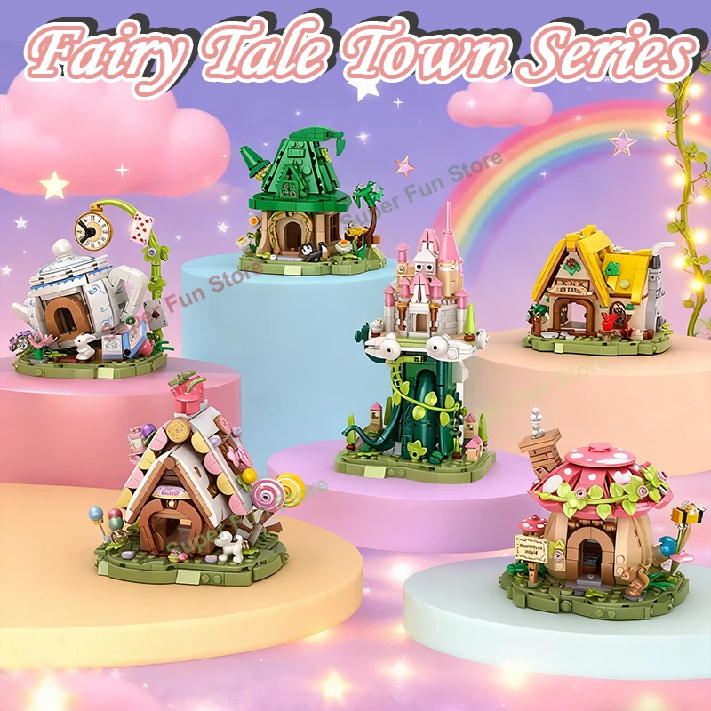 Medieval conto de fadas cidade série blocos de construção cogumelo bule doces elf árvore casa amigos casa casa casa animal diy tijolos brinquedo presentes