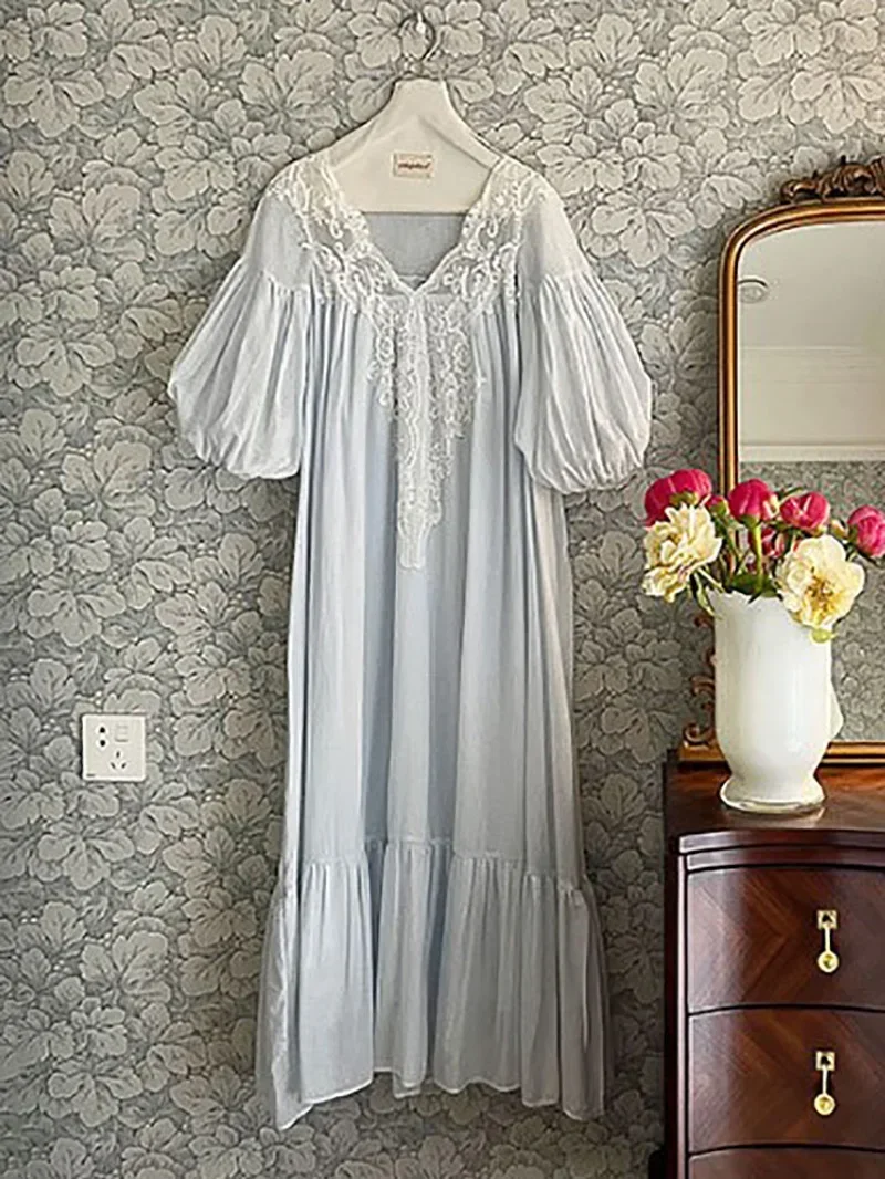 Women V-Neck Ruffles Lace Vintage Nightgowns Robe Nightie Long Dress Victorian Romantic Princess Sleepwear Nightdress Homewear