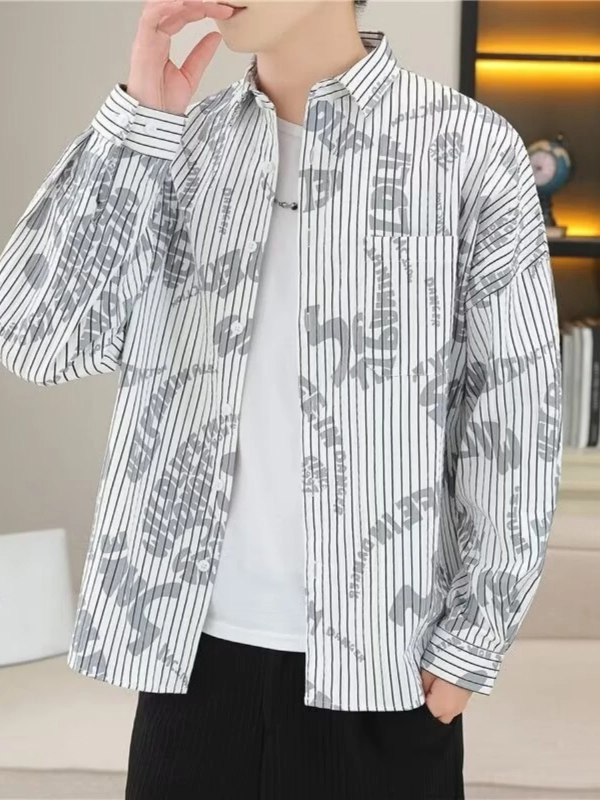 

Spring Autumn Letter Print Striped Long Sleeve Men's Shirt Thin Fashionable Loose Fit Outerwear Casual Standard Style Youth T...