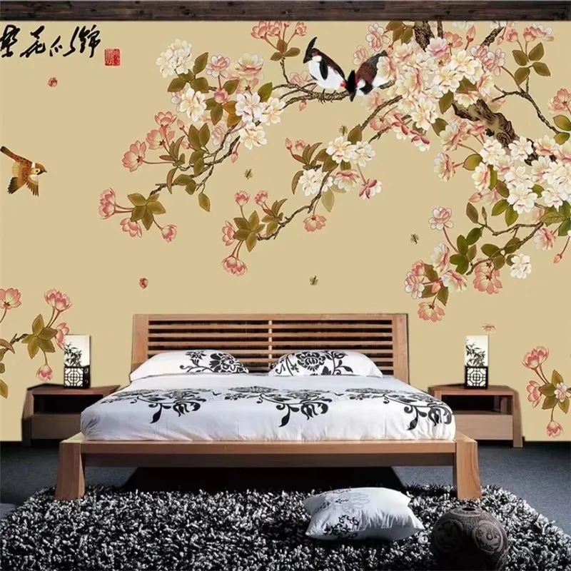 Customized large mural Chinese hand-painted flowers and birds flowers and TV background wall wallpaper papel de parede