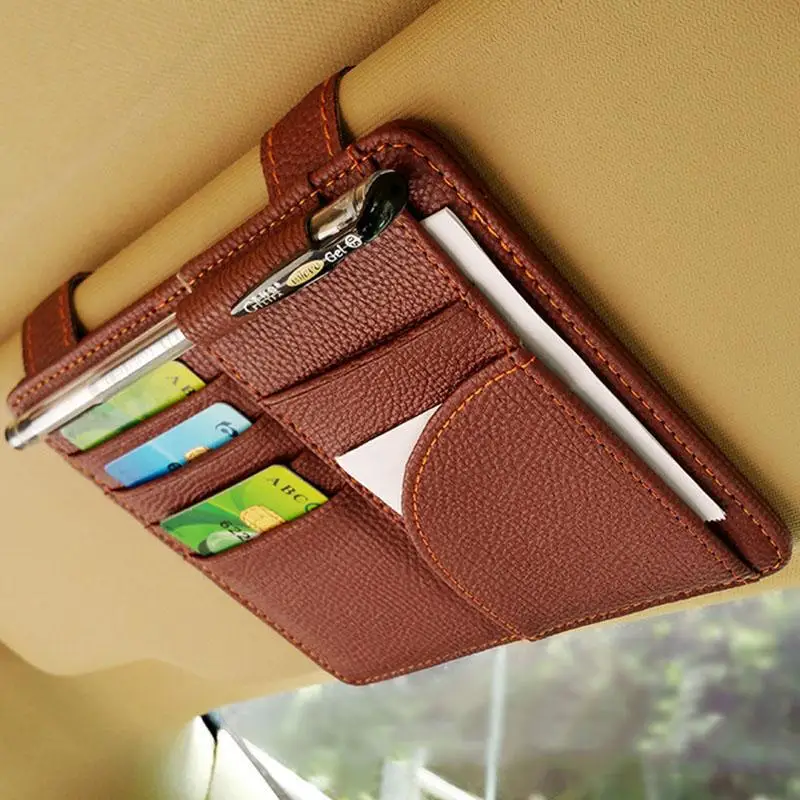 Car Sun Visor Organizer Multi-Pocket Business Card Storage Management Holder Visor Accessories Auto Interior PU Leather