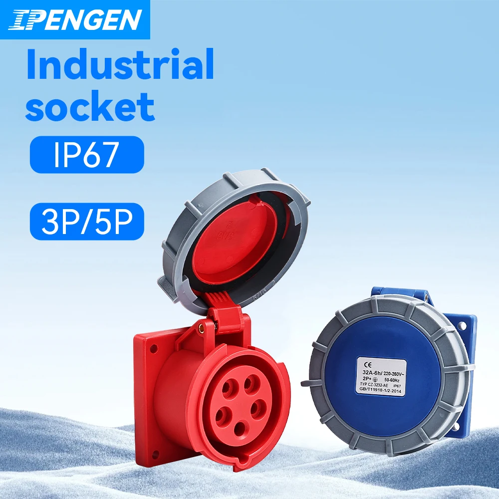 

IPENGEN IP67 Industrial Socket Waterproof Connector 3PIN 5PIN 16A/32A Waterproof Electrical Connection Wall Mount Socket