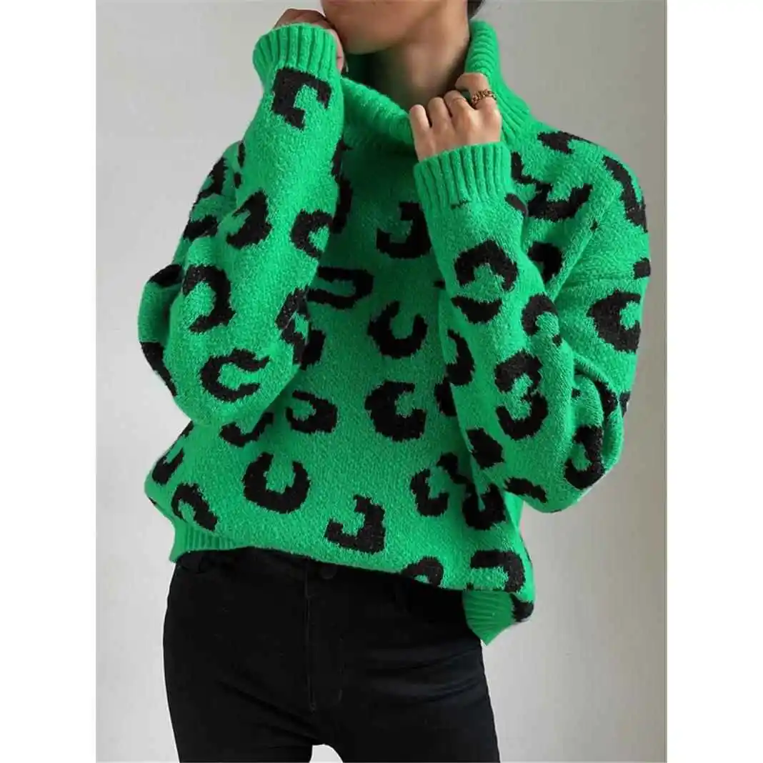 

High Neck Pullover Knitted Sweater Women's Thickened Winter Fashion Leopard Pattern Knitwear Casual Comfortable Top