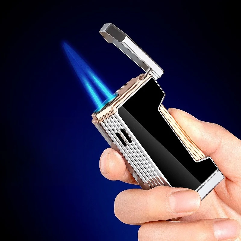 

New Hole Focused Dual Flame Straight Jet Lighter Exquisite Blue Flame Electronic Press Open Lid Side Inflation Lighter