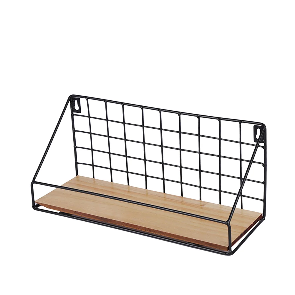 

Iron Craft Wall Hanging Basket 25x11x14cm Black Wooden Storage Rack Organizer for Books Plants Keys Kitchen Bathroom