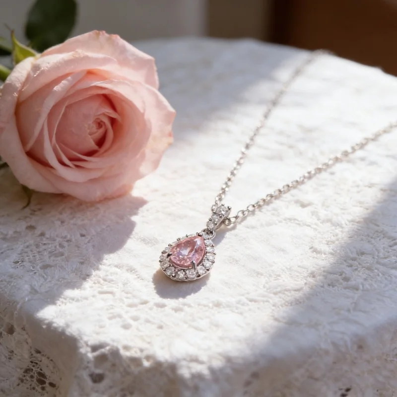 Natural Pink Morganite 5*7mm Halo Pendant Necklace S925 Silver With Gem Certificate