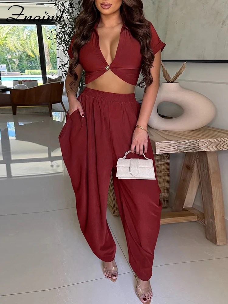 

Znaiml Fashion Outfits for Women Solid V-Neck Crop Top and lantern Pants 2-Piece Set Female Summer Streetwear Loose Tracksuis