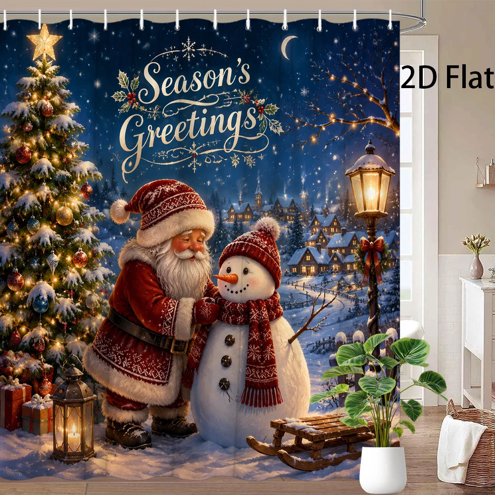 Santa Snowman Shower Curtain, Christmas Tree Village Decor, Season's Greetings Waterproof Polyester Bath Screen, Winter Holiday