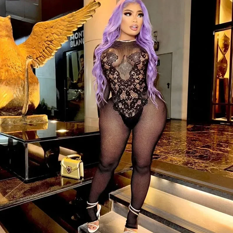 ตาข่ายดูผ่านBodycon Romperผู้หญิงJumpsuitเซ็กซี่คลับชุดMidnight Hollow OutผอมแขนยาวOneชิ้นOveralls