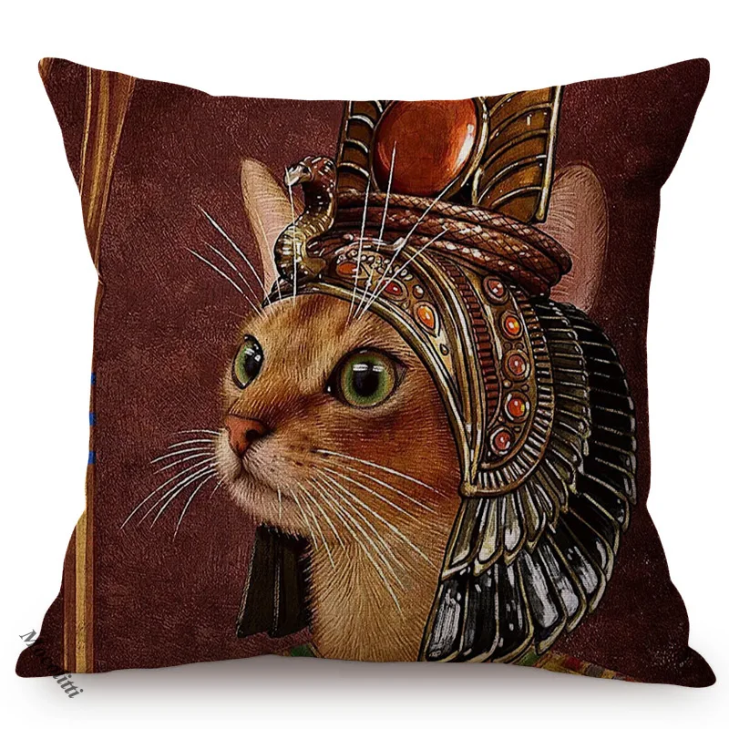 Cat Funny Imitate Egyptian Pharaoh Portrait Style Sofa Decoration Throw Pillow Cases Animal Oil Painting Art Chair Cushion Cover