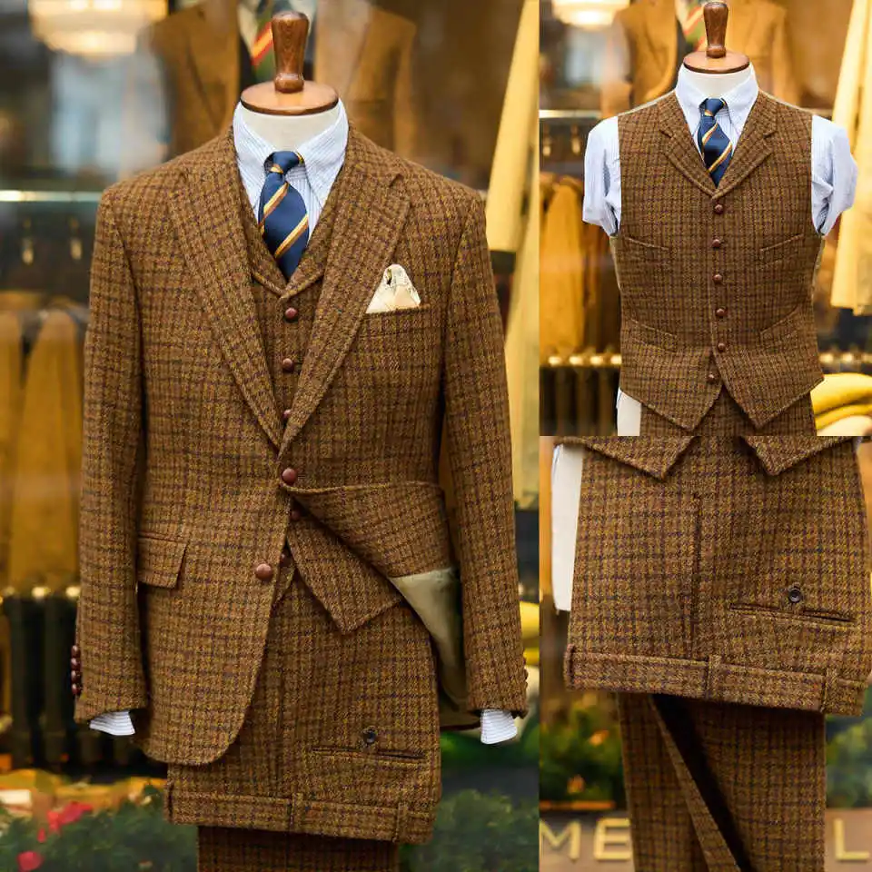 Vintage Tweed Plaid Three Pieces Men Suits Notched Lapel Single Breasted Pant Sets Warm Winter Customized Tuxedos