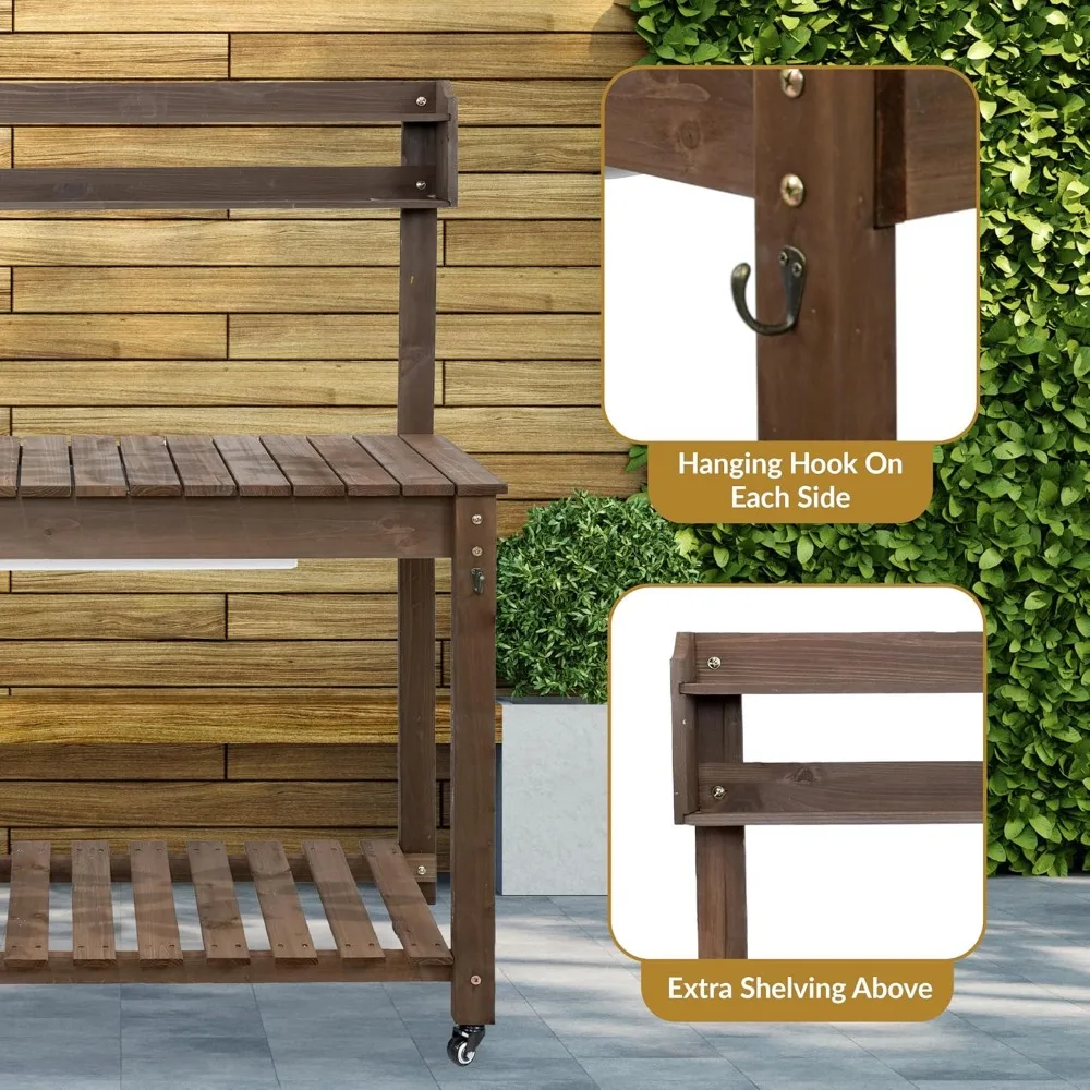 Garten-Topfbank mit Rädern und Waschbecken – Topftisch für den Außenbereich – Gartentisch mit Pflanzstation und Haken – Braun
