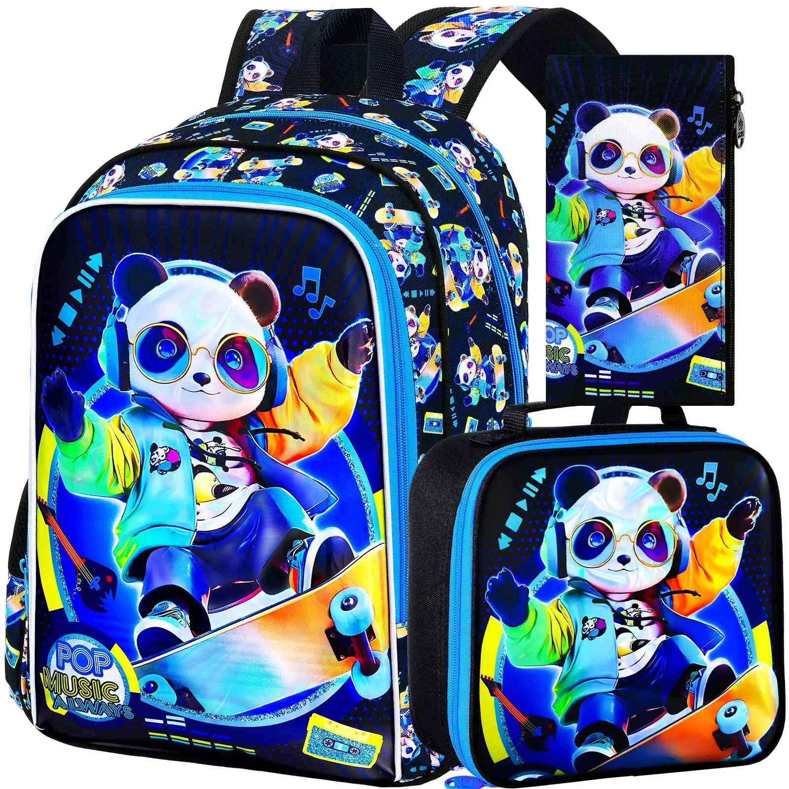 

gxtvo 3PCS Panda Backpack for Boys, 16" Kids Bookbag with Lunch Box, Water Resistant Elementary Prechool Toddler Shool Bag