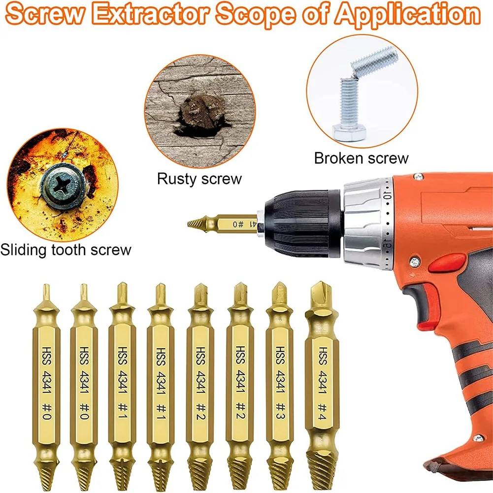 8Pcs Damaged Screw Extractor Kit,HSS 4341 Material Damaged & Stripped Screw Extractor Set for Easily Remover Common Size