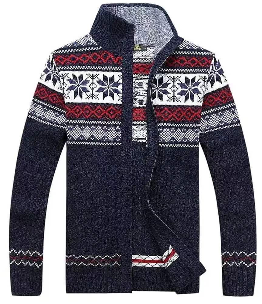 Herren-Strickjacke mit langen Ärmeln und Reißverschluss, gemustert, nordischer Stil, bunter Pullovermantel, ideal für kalte Wintertage, Freizeitkleidung – Detail 1