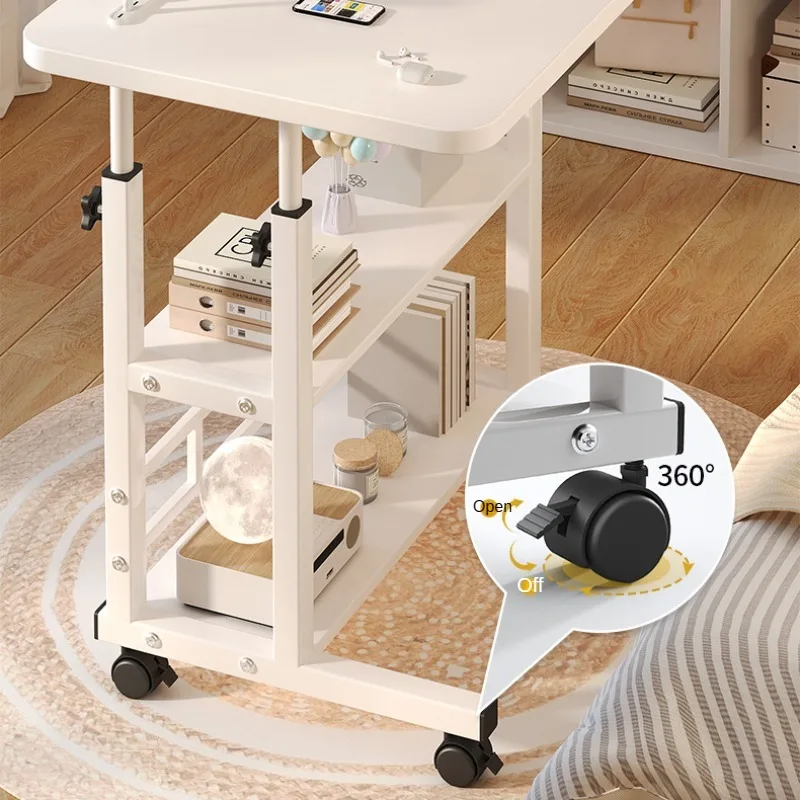 Movable Laptop Desk for Bed, Height Adjustable Study Table with Storage Shelf, Multifunctional Bedside Table for Working Eating