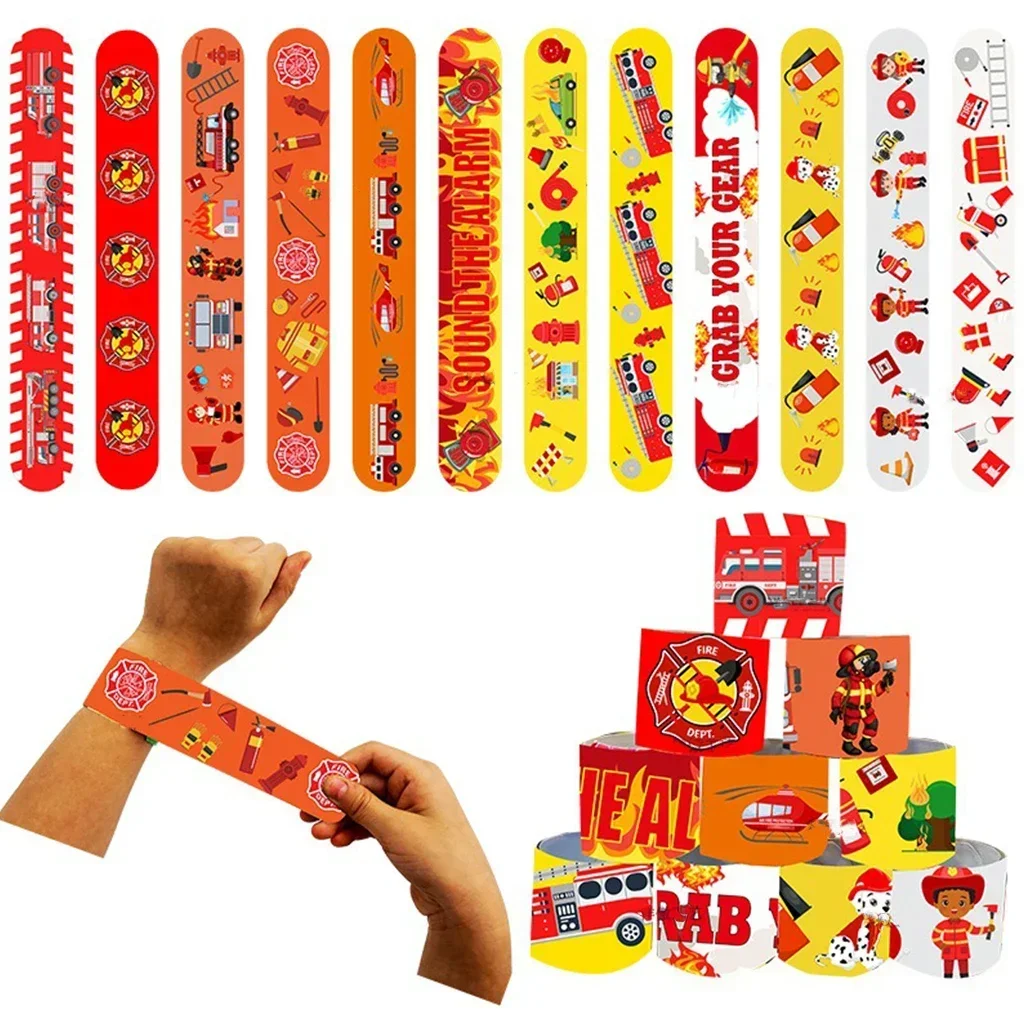 12pcs Firefighter Fireman Slap Bracelets Fire Alarm Party Gifts Supplies Boys Happy Fire Protection Birthday Party Favors