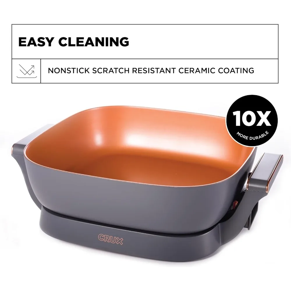 مقلاة كهربائية بغطاء زجاجي - مقلاة سيراميك مقاومة للخدش غير لاصقة، عميق جدًا مع مسبار درجة حرارة قابل للإزالة، 12 بوصة × 12 بوصة