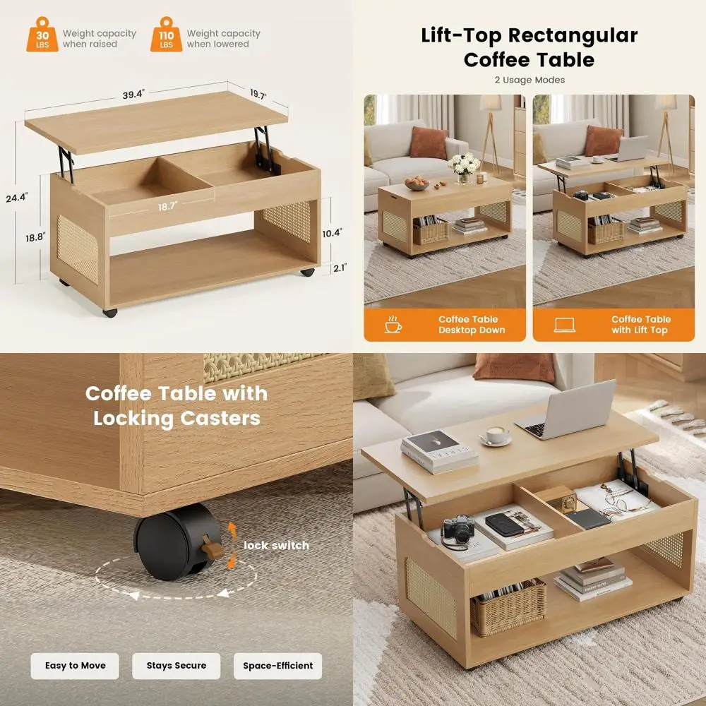 

Rattan Storage Coffee Table with Lockable Wheels, Bohemian Style, Suitable for Living Room, Bedroom, Dining Room, Natural Finish