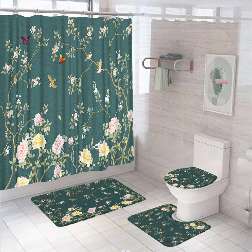 Flowers Bird Butterfly Shower Curtain Waterproof Chinese Style Spring Bathroom Curtains Anti-slip Bath Mat Set Toilet Rug Carpet