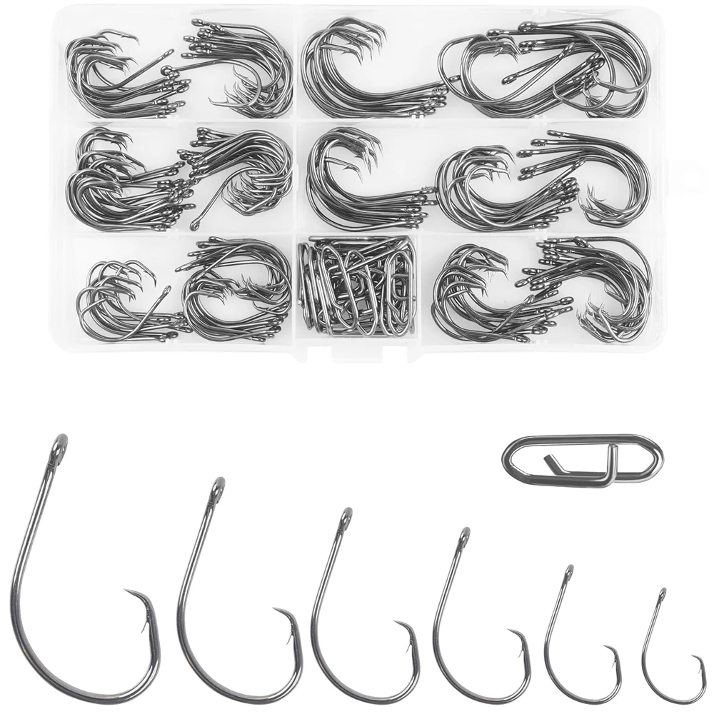 170Pcs Fishing Circle Hooks Kit High Carbon Steel Catfish Hooks with Power Quick change Clips for Bass Catfish Fishing rig