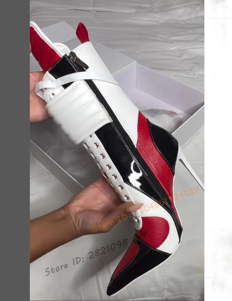 Patchwork Motocross Stiletto Heel Boots Women Thin Heeled Pointed Street Rock Sexy Ladies Catwalk Short Boots High Heels