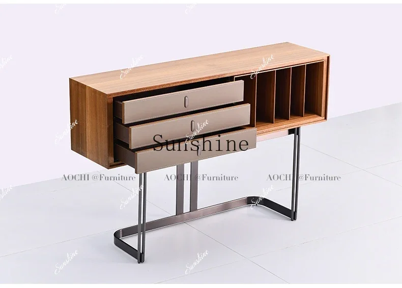 Premium Italian minimalist entry, entrance cabinet, saddle skin, simple light luxury, living room wall decorative cabinet  FT