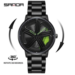 SANDA P1106 2023 Fashion Men Car Hub Quartz Watch Custom Design Waterproof Wheel Rim Rotating Dial WristWatch Relogio Masculino