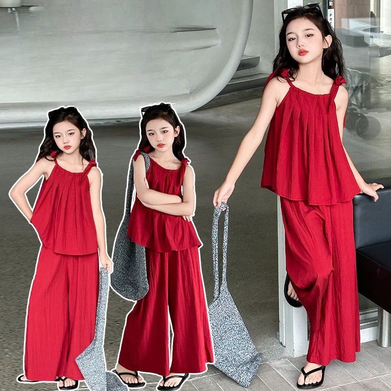 Girls Suits Set Summer 2024 New Korean Holiday Suspenders Trouser Set Large Children Casual Thin Model Two-piece Set Clothes